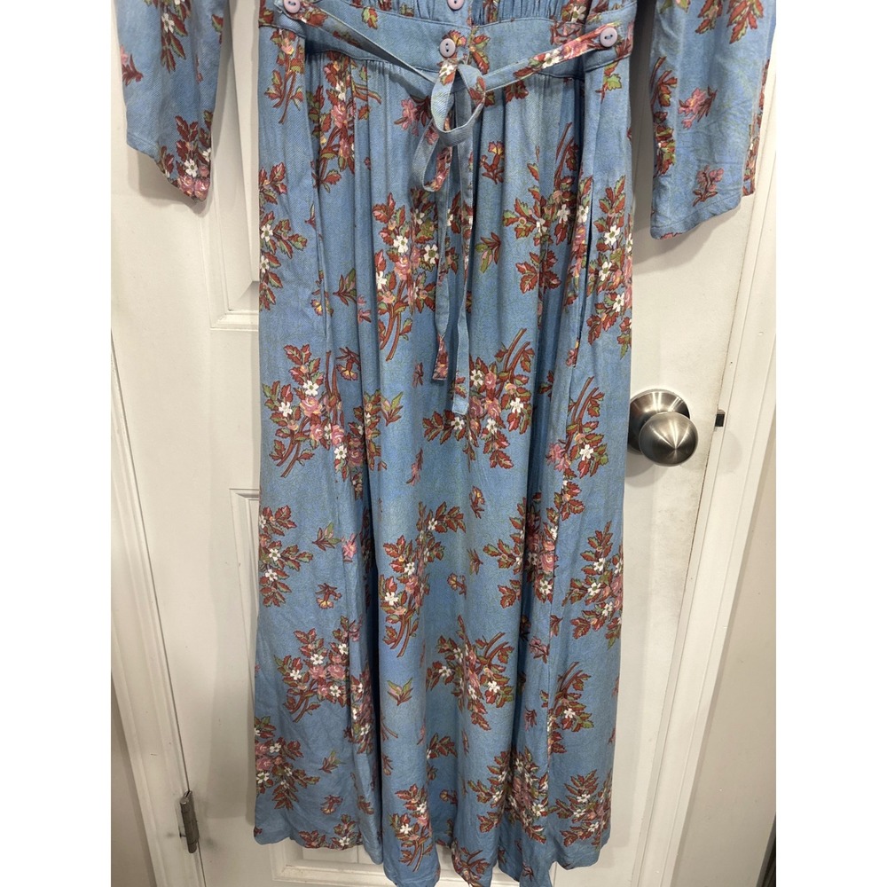 April Cornell Blue Floral Maxi Dress Ruffle Neck 3/4 Sleeve Cottagecore Small - Picture 5 of 8